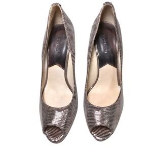 Michael Kors York Lt Gold Metallic Snake Print Peep Toe Platform Stiletto Heels